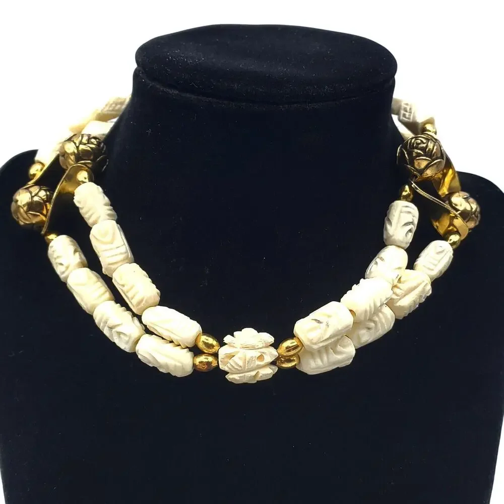 Acrylic Carved‎ Off White Beaded Choker Necklace Brass Tribal Boho Ethnic Rose